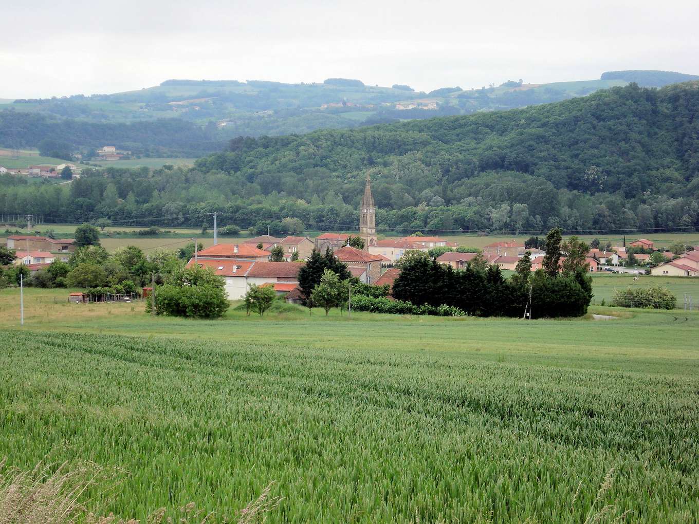 Le village de Mureils et le clocher de son église au pied des collines boisées